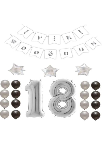 Iyiki Doğdun Yazılı 18 Yaş Gümüş Renk Doğum Günü Parti Seti