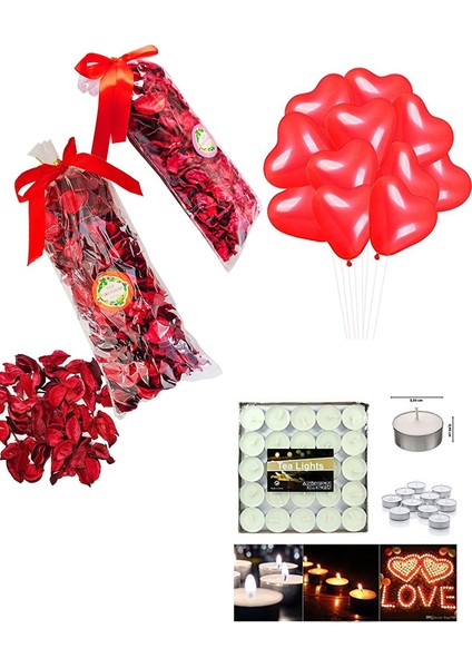 2 Paket Kuru Gül Yaprağı,20 Kalp Balon,50 Beyaz Mum Romantik Hediye 14 Şubat Sevgililer Günü Doğum Günü