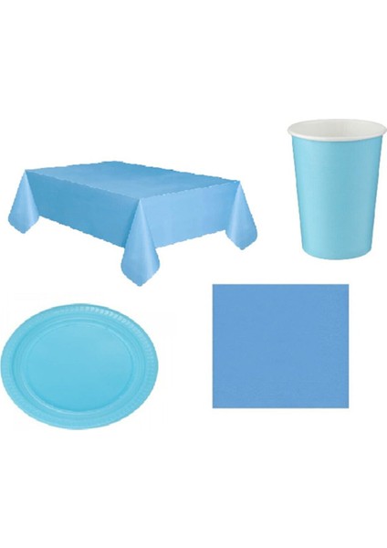 Mavi Masa Örtüsü Bardak Tabak Peçete Seti 16 Kişilik