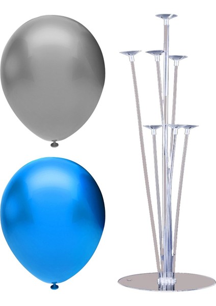7 Çubuklu Balon Standı + 7 Adet Balon ( Gümüş, Koyu Mavi )