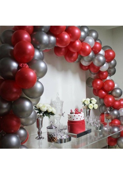 50 Adet 12 Inç Metalik Parti Balonu Metalik Kırmızı - Metalik Gümüş + 5 mt Balon Zinciri