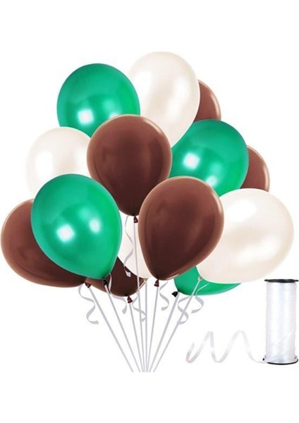 Kahverengi - Koyu Yeşil - Beyaz Metalik Balon 50 Adet+ 5 mt Balon Zinciri