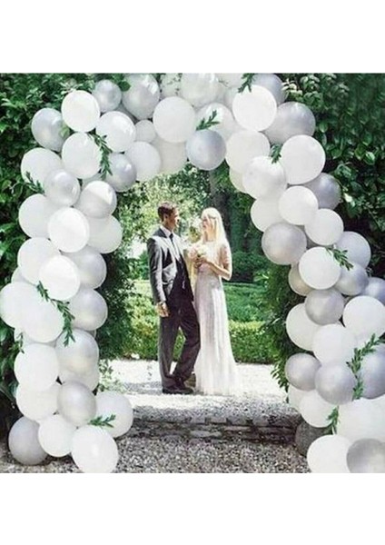 50 Adet 12 Inç Metalik Parti Balonu Metalik Beyaz - Metalik Gümüş + 5 mt Balon Zinciri