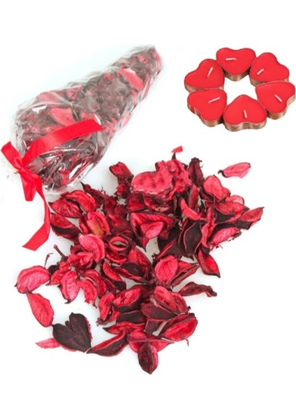 25 Kırmızı Kalpli Mum + 1 Paket 100 Gr. Kuru Gül Yaprağı