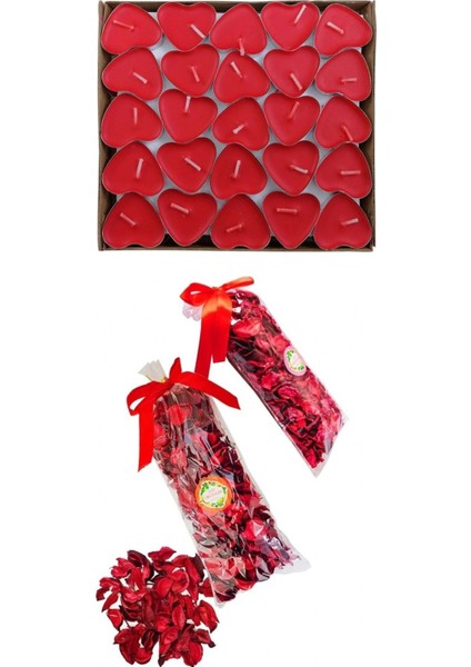 100 Kırmızı Kalpli Mum + 2 Paket 100 Gr. Kuru Gül Yaprağı