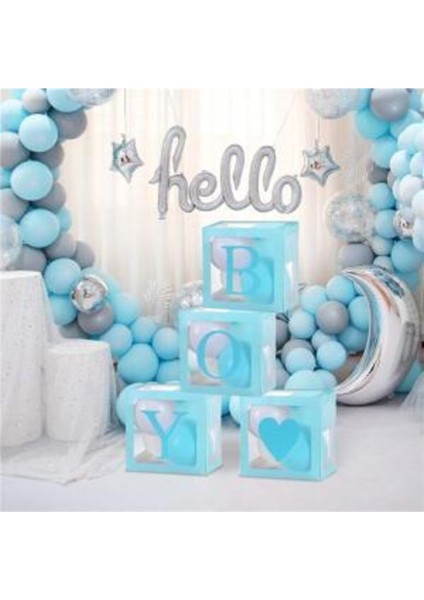 Boy Yazılı Mavi Şeffaf Harfli Kutu + 30 Adet Balon