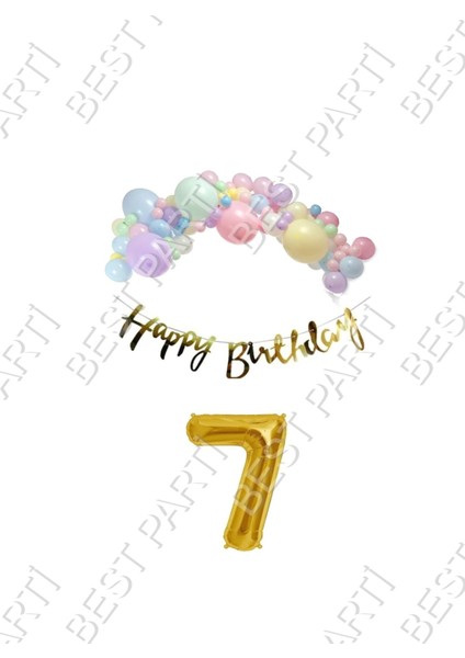 Happy Bırthday Yazılı Kaligrafi Banner Makaron Balon Seti 7 Yaş Gold Set Doğum Günü