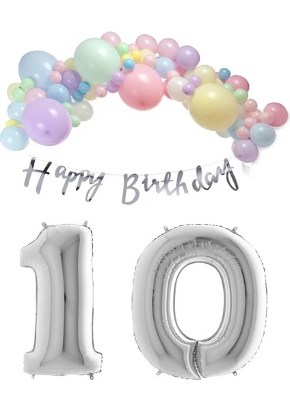Happy Bırthday Yazılı Kaligrafi Banner Makaron Balon Seti 10 Yaş Gümüş Set Doğum Günü