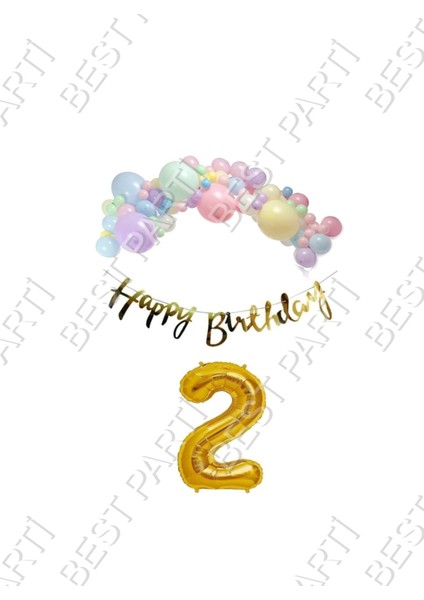 Happy Bırthday Yazılı Kaligrafi Banner Makaron Balon Seti 2 Yaş Gold Set Doğum Günü