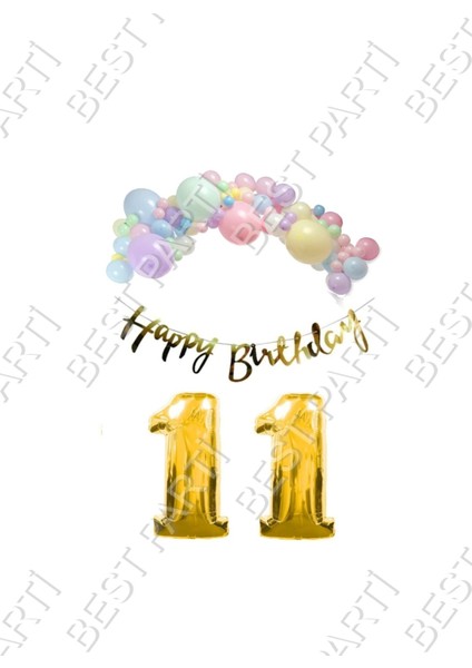 Happy Bırthday Yazılı Kaligrafi Banner Makaron Balon Seti 11 Yaş Gold Set Doğum Günü