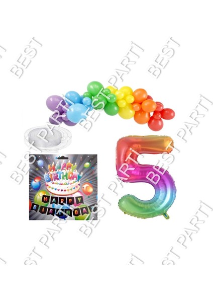 Iyiki Doğdun Yazılı Banner 5 Yaş Gökkuşağı Temalı Balon Seti Doğum Günü
