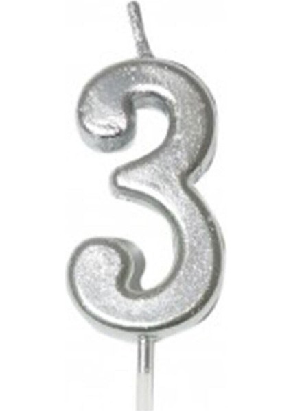 3 Yaş Gümüş Rakam Mum Gümüş Renk Doğum Günü Pasta Mumu 12 cm