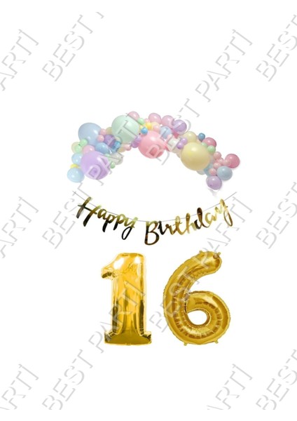 Happy Bırthday Yazılı Kaligrafi Banner Makaron Balon Seti 16 Yaş Gold Set Doğum Günü