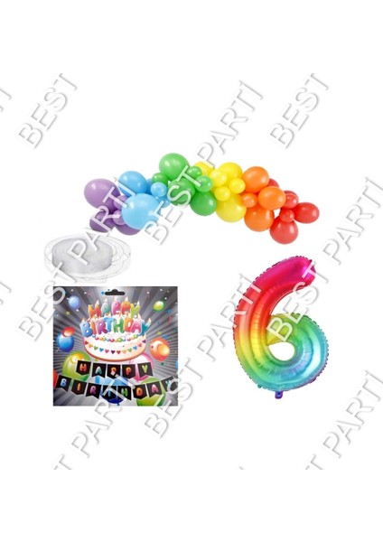 Iyiki Doğdun Yazılı Banner 6 Yaş Gökkuşağı Temalı Balon Seti Doğum Günü