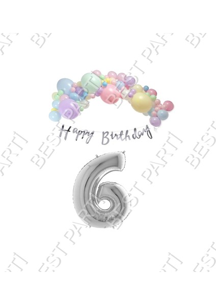 Happy Bırthday Yazılı Kaligrafi Banner Makaron Balon Seti 6 Yaş Gümüş Set Doğum Günü