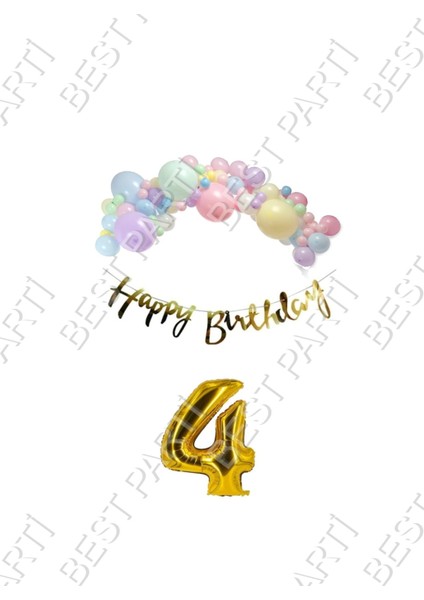 Happy Bırthday Yazılı Kaligrafi Banner Makaron Balon Seti 4 Yaş Gold Set Doğum Günü