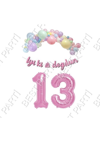 Iyiki Doğdun Yazılı Kaligrafi Banner Makaron Balon Seti 13 Yaş Pembe Set Doğum Günü