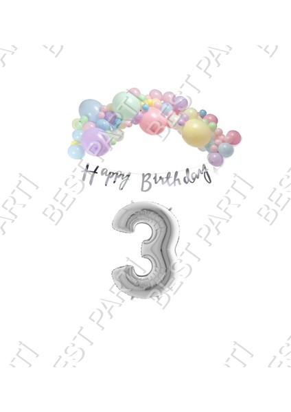 Happy Bırthday Yazılı Kaligrafi Banner Makaron Balon Seti 3 Yaş Gümüş Set Doğum Günü