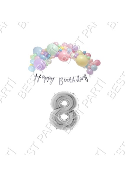 Happy Bırthday Yazılı Kaligrafi Banner Makaron Balon Seti 8 Yaş Gümüş Set Doğum Günü