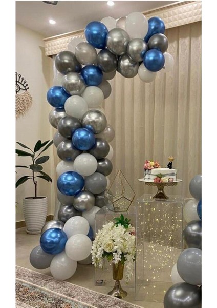 Pastel Beyaz-Gri -Krom Gümüş-Mavi Balon 50 Adet + 5 Mt. Balon Zinciri