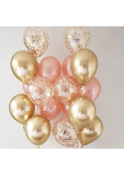 Krom Gold - Rose Gold Metalik - Konfetili Şeffaf Balon Set