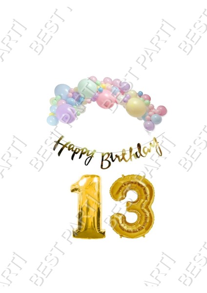 Happy Bırthday Yazılı Kaligrafi Banner Makaron Balon Seti 13 Yaş Gold Set Doğum Günü