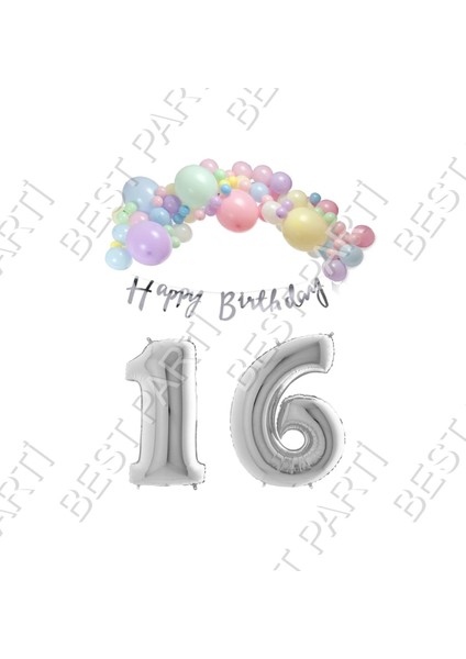 Happy Bırthday Yazılı Kaligrafi Banner Makaron Balon Seti 16 Yaş Gümüş Set Doğum Günü