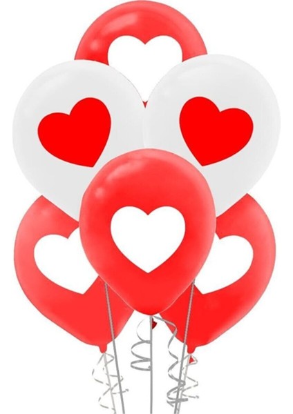 Kırmızı Beyaz Kalp Baskılı Balon 10'lu