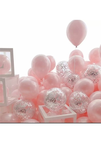 Makaron Pembe Gümüş Konfetili Şeffaf Balon Seti 20 Adet