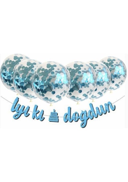 Mavi Konfetili Şeffaf Balon Pembe Iyi Ki Doğdun Kaligrafi Banner Yazı