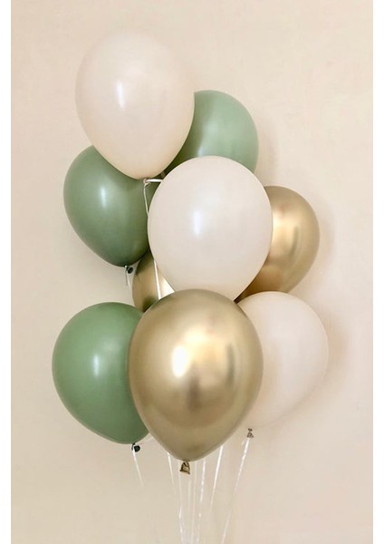 Krom Gold - Küf Yeşili ve Pastel Beyaz Renk Balon 9 Adet