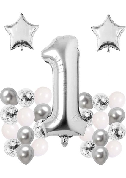 Gümüş Konsept 1 Yaş Doğum Günü Kutlama Seti; Beyaz Gümüş Konfetili Balon, Rakam Yıldız Folyo