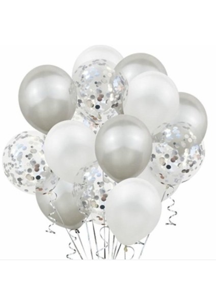 Metalik Gümüş Pastel Beyaz Gümüş Konfetili Şeffaf Balon Seti 15 Adet