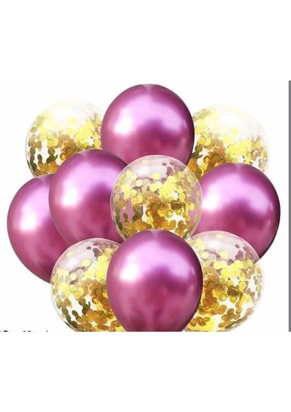 Gold Konfetili Krom Pembe Balon Seti