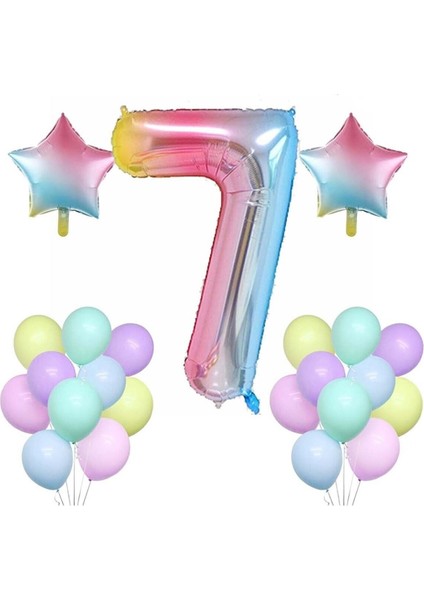 Gökkuşağı Konsepti 7 Yaş Doğum Günü Parti Kutlama Seti; Rakam ve Yıldız Folyo,pastel Balon