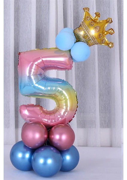 Gökkuşağı Renkleri Rakam Balon Altın Taçlı 5 Rakamlı Balon Seti