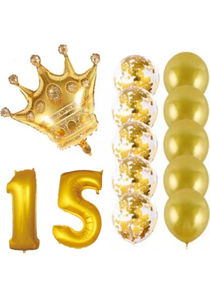 15 Yaş Kral Taçlı Gold Konfetili Şeffaf Balon Seti