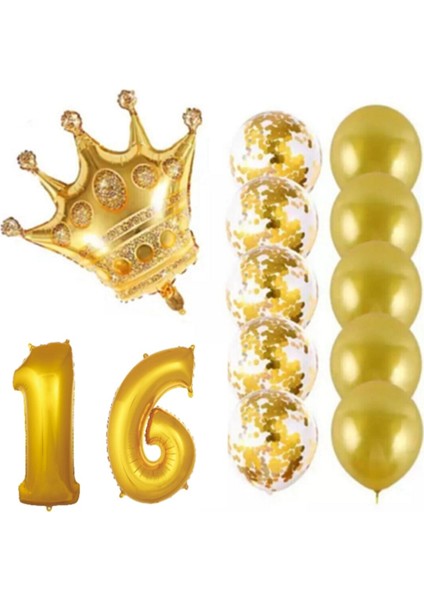 16 Yaş Kral Taçlı Gold Konfetili Şeffaf Balon Seti