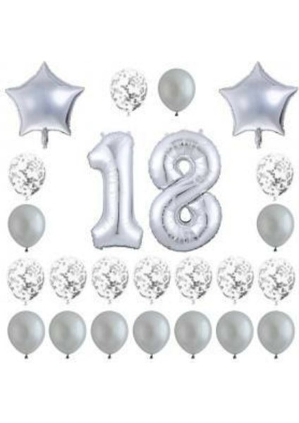18 Yaş Konfetili Balon Doğum Günü Seti Gümüş
