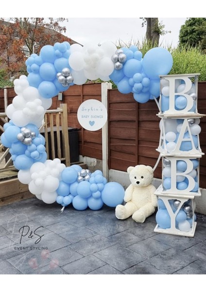 Krom Gümüş Makaron Mavi Pastel Beyaz Balon Zinciri 100 Adet