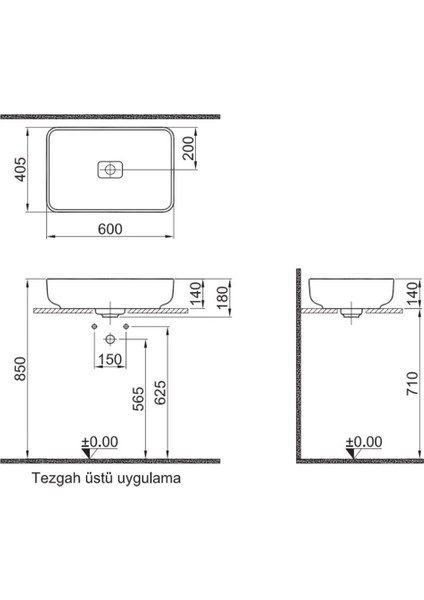 Zero 2.0 60X40 cm Dikdörtgen Çanak Lavabo Mat Beyaz