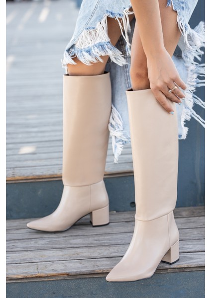 Pavo Nude Deri Topuklu Yanı Fermuarlı Günlük Kullanım Çizme