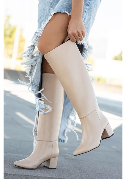 Pavo Nude Deri Topuklu Yanı Fermuarlı Günlük Kullanım Çizme modelleri
