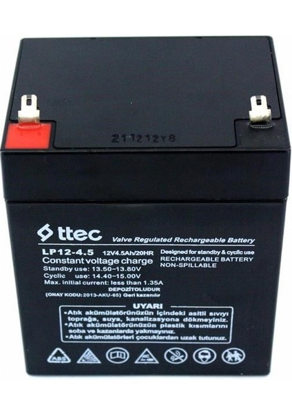 Aküsü Ttec 12 Volt 4.5AH Akü 12V BakıMsiz Kuru Akü Cihaz Akü Şarj Edilebilir Ev Aletleri Aküsü