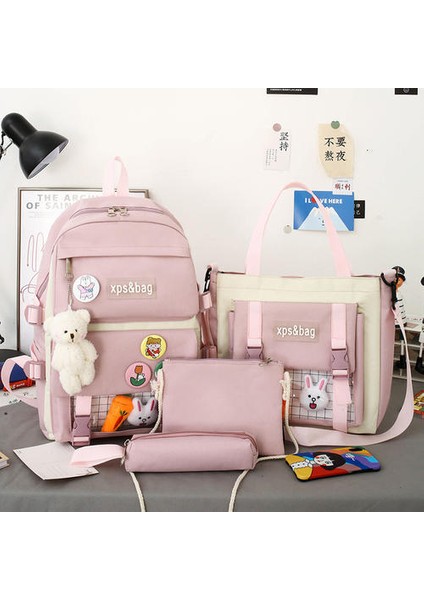 5 Adet Işık ve Büyük Kapasiteli Okul Çantası, Kadın Ortaokul Öğrencileri İçin Taze ve Sevimli Girly Kalp Sırt Çantası (Yurt Dışından)