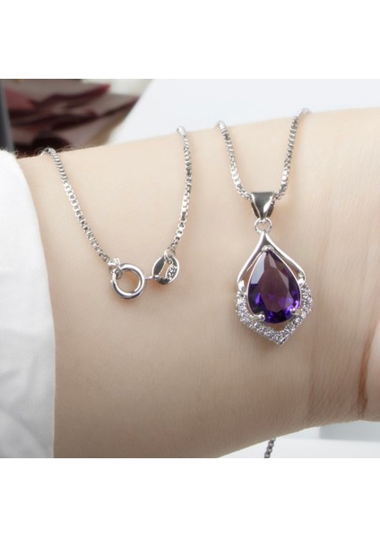 Ametist Damla Kolye 0,10 Karat Zirkon Taş Süslemeli Doğal Taş Kolye Gümüş Renk indirimleri