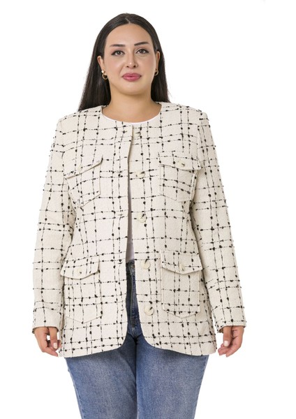 Büyük Beden Düğme ve Cep Detaylı Eteği Oval Kesim Astarlı Tüvit Ekru Siyah Ceket fırsatları