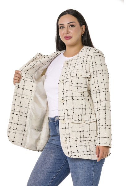 Büyük Beden Düğme ve Cep Detaylı Eteği Oval Kesim Astarlı Tüvit Ekru Siyah Ceket indirimleri