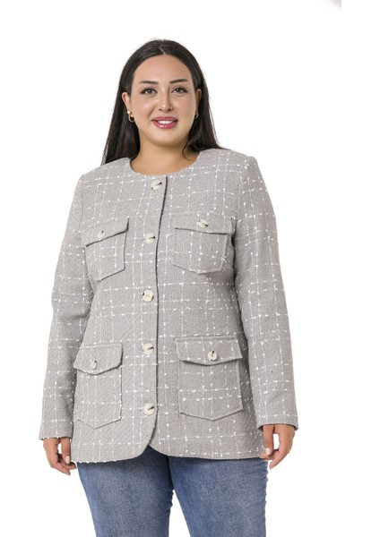 Büyük Beden Düğme ve Cep Detaylı Eteği Oval Kesim Astarlı Tüvit Gri Ceket