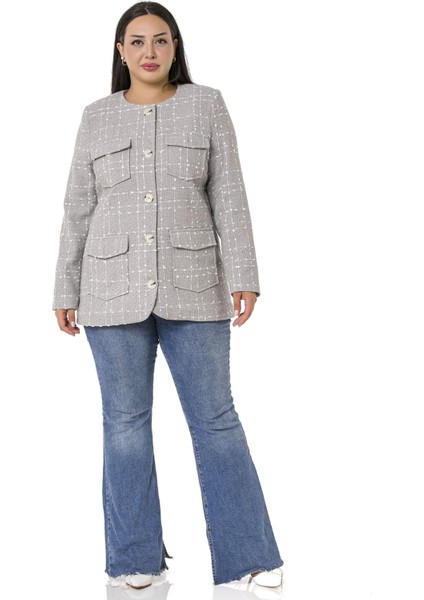 Büyük Beden Düğme ve Cep Detaylı Eteği Oval Kesim Astarlı Tüvit Gri Ceket fiyatları